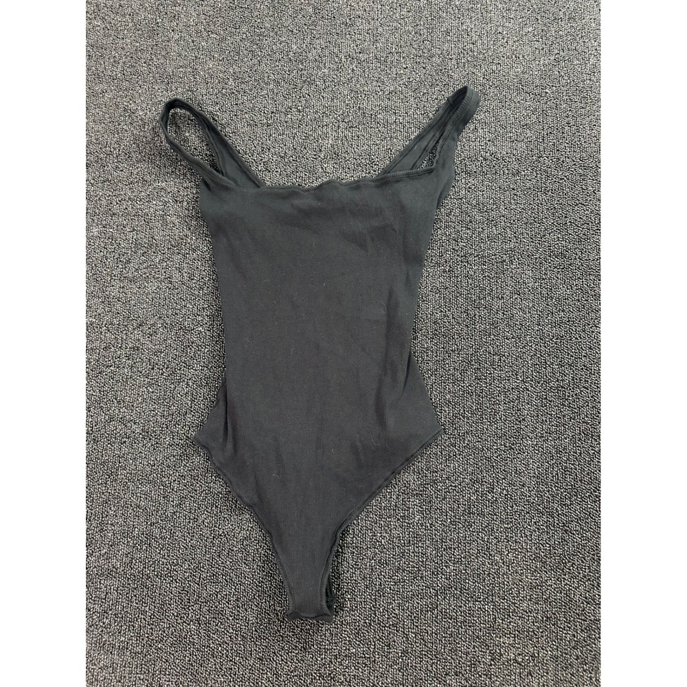 Skims Cotton Rib Bodysuit Soot Black Scoop Neck Sleeveless Ribbed Size M